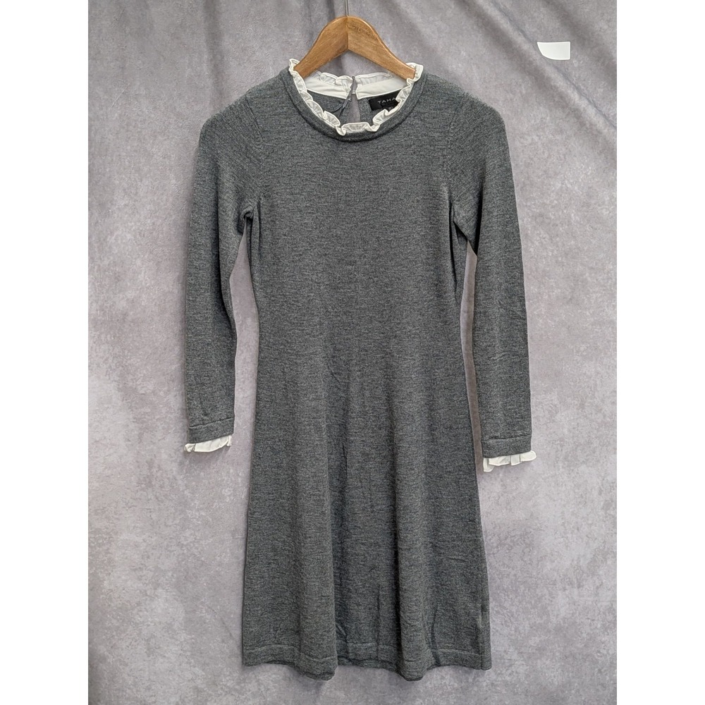 Tahari Merino Wool Gray Long Sleeve Sweater Dress Ruffled Collar Small (C177)